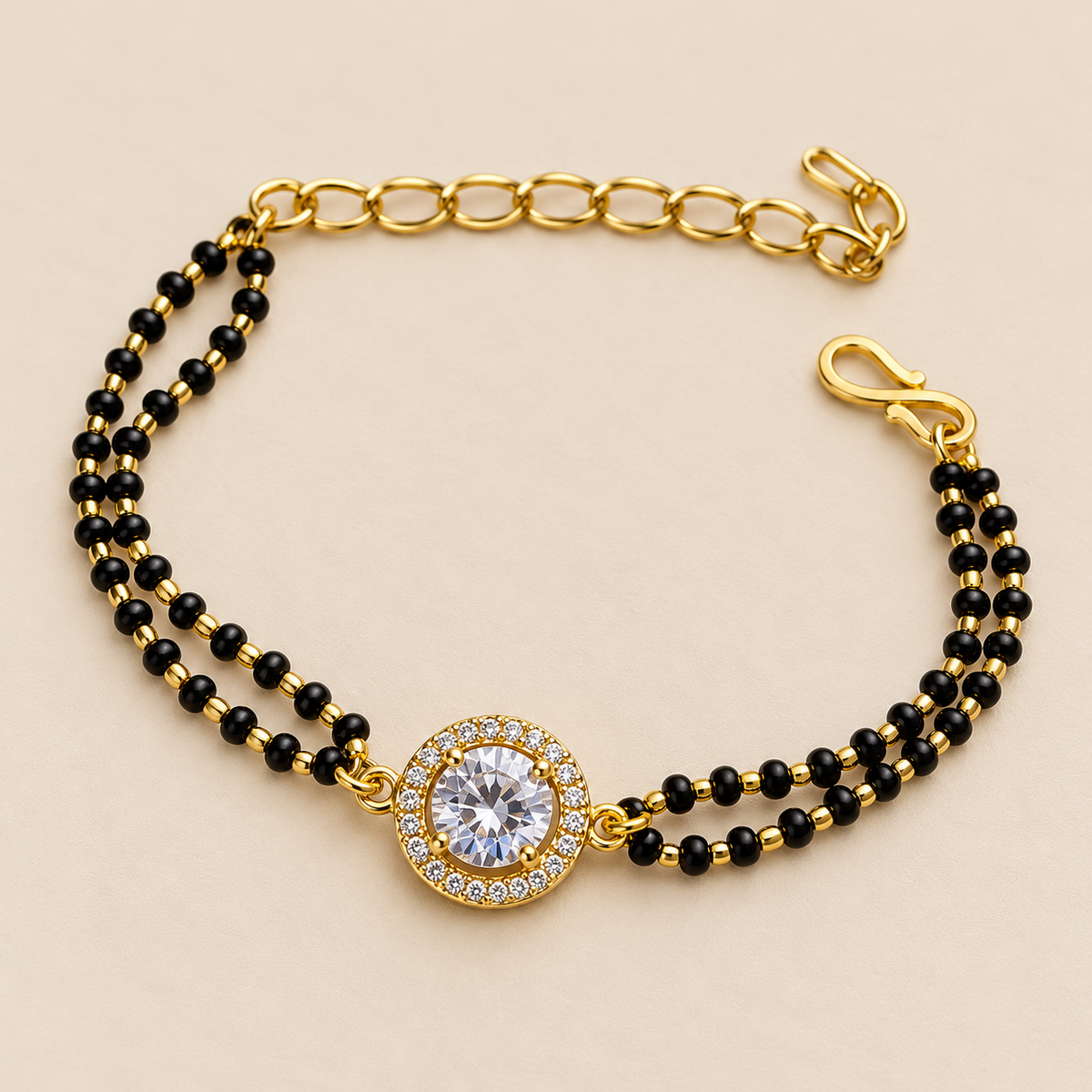 Gold Plated Black Bead Mangalsutra Bracelet with Round Charm (Close-up Detail) | The Colourful Aura