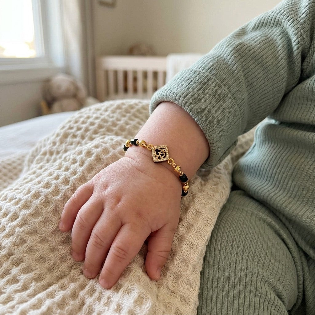 Gold Plated Black Bead Om Zircon Centre Charm Kids Nazaria Bracelet (Close-up Detail) | The Colourful Aura