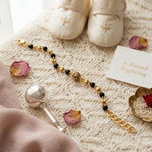 Gold Plated Black Faceted Bead Engraved Centre Charm Kids Nazaria Bracelet (Close-up Detail) | The Colourful Aura
