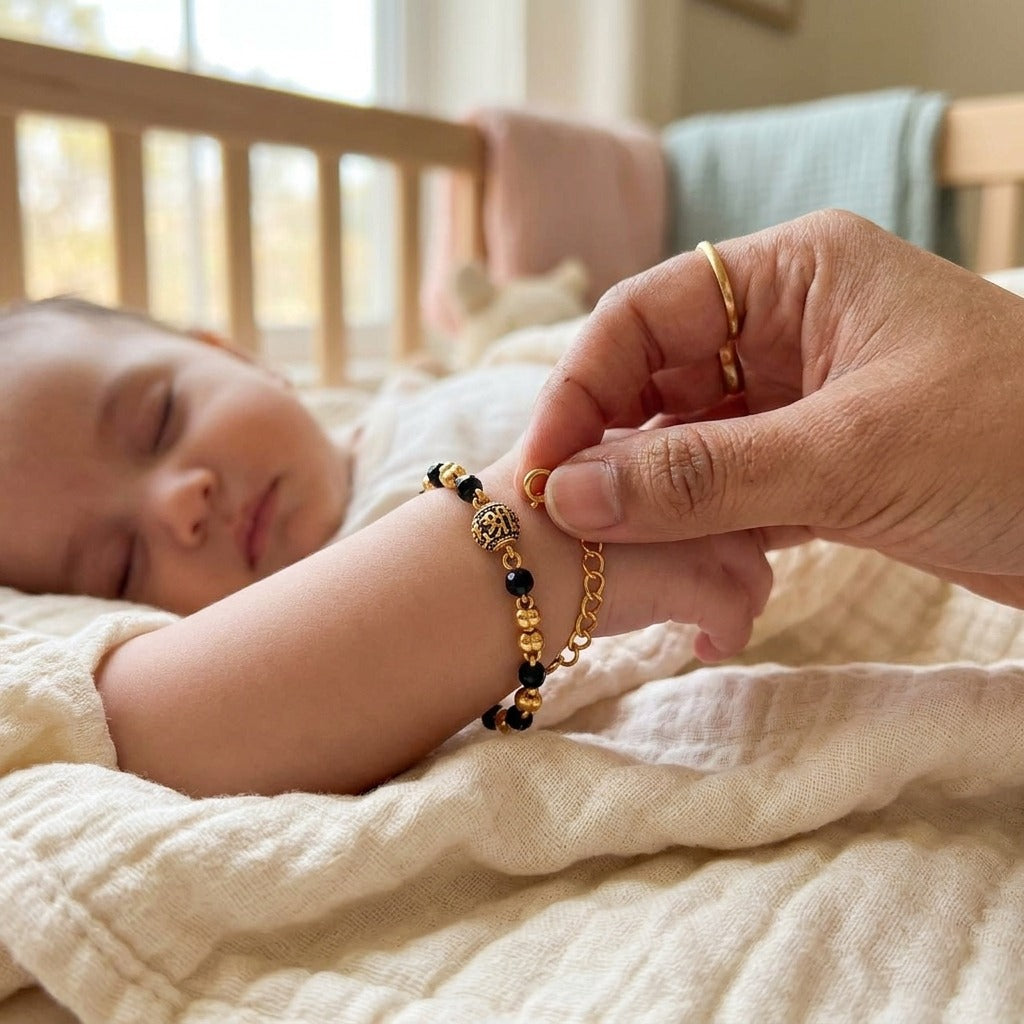 Gold Plated Black Faceted Bead Engraved Centre Charm Kids Nazaria Bracelet (Close-up Detail) | The Colourful Aura