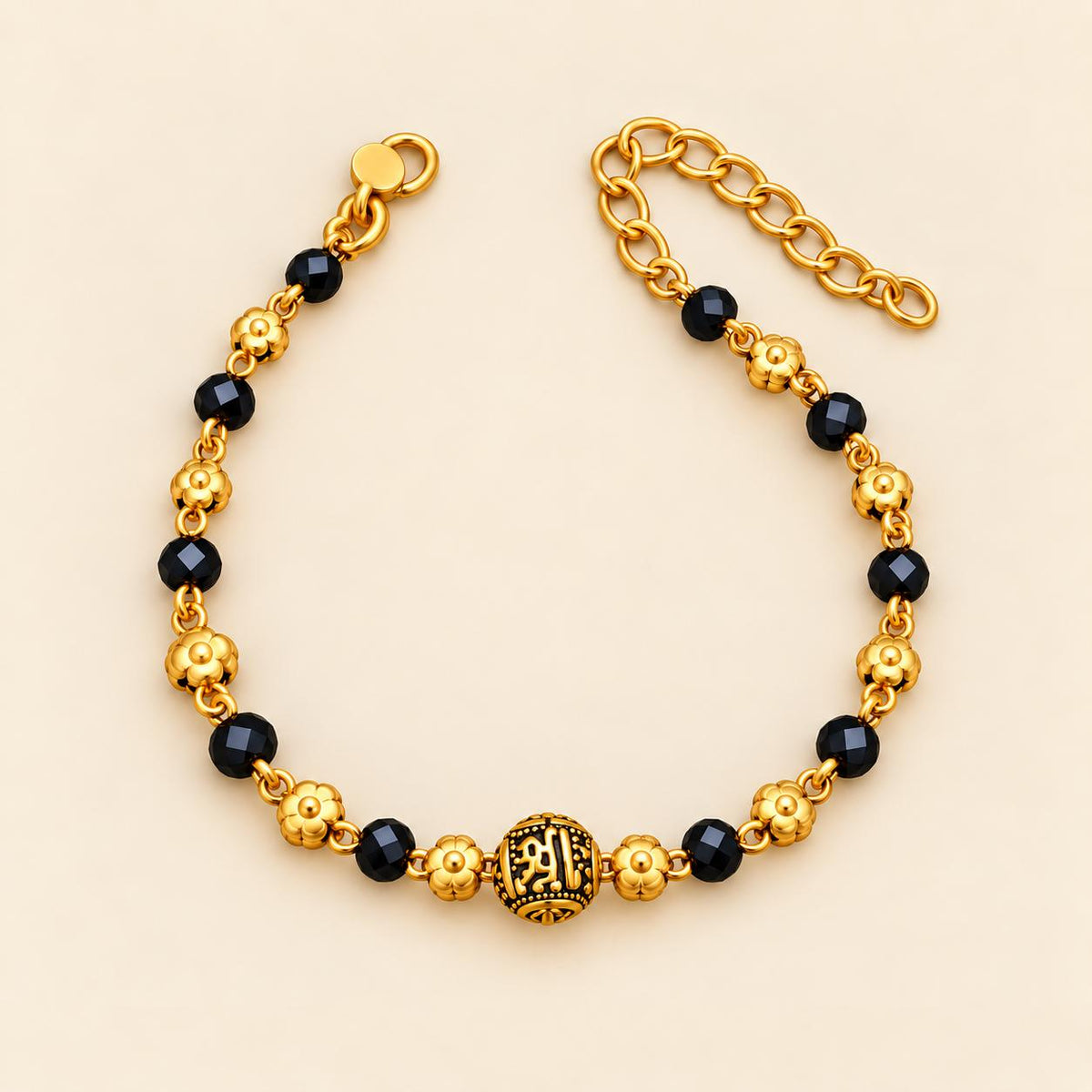 Gold Plated Black Faceted Bead Engraved Centre Charm Kids Nazaria Bracelet — Boho Jewellery UK | The Colourful Aura