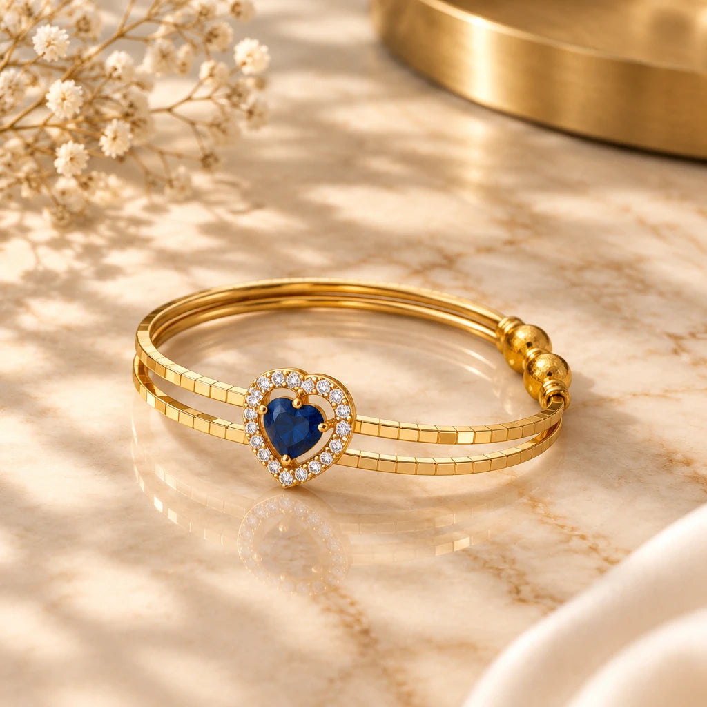 Gold Plated Blue Heart Crystal Adjustable Cuff Bracelet (Close-up Detail) | The Colourful Aura