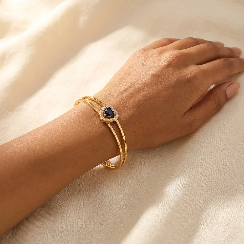 Gold Plated Blue Heart Crystal Adjustable Cuff Bracelet (Close-up Detail) | The Colourful Aura