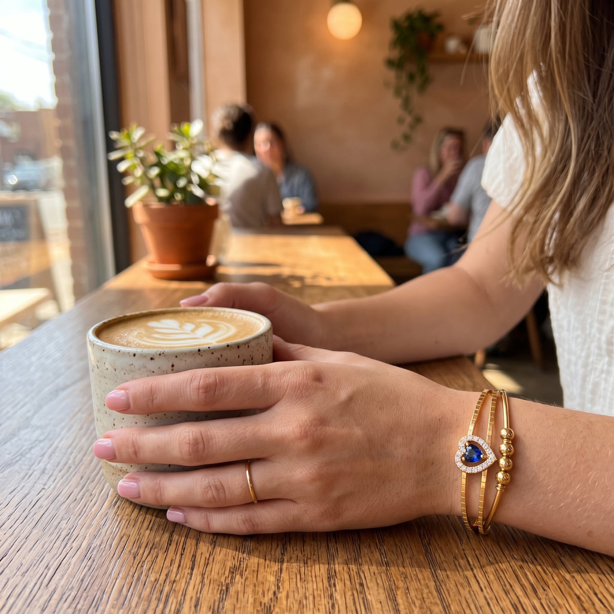 Gold Plated Blue Heart Crystal Adjustable Cuff Bracelet (Café Lifestyle) | The Colourful Aura