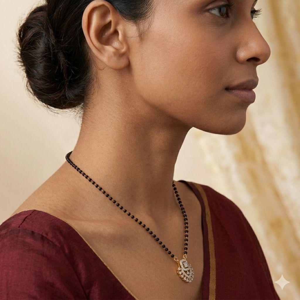 Side profile of model wearing 18 inch gold plated mangalsutra with CZ crystal heart pendant