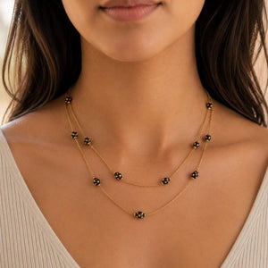 Gold Plated Double Layer Black Dotted Bead Necklace 18 Inch — front view