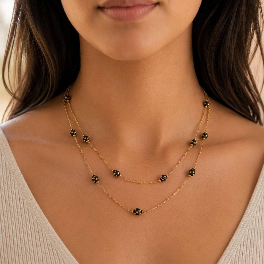 Gold Plated Double Layer Black Dotted Bead Necklace 18 Inch — front view