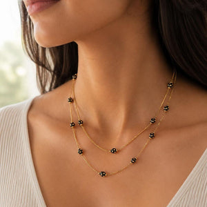 Gold Plated Double Layer Black Dotted Bead Necklace 18 Inch — detail view