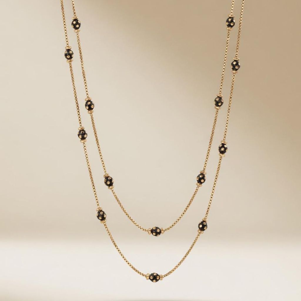 Gold Plated Double Layer Black Dotted Bead Necklace 18 Inch — side view
