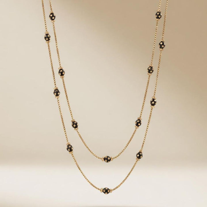 Gold Plated Double Layer Black Dotted Bead Necklace 18 Inch