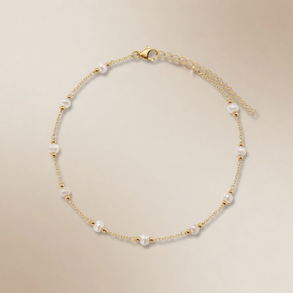 Gold Plated Freshwater Pearl Station Anklet Adjustable — side view