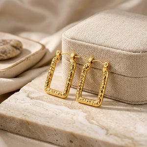 Gold Plated Hammered Rectangle Hoop Earrings (Close-up Detail) | The Colourful Aura