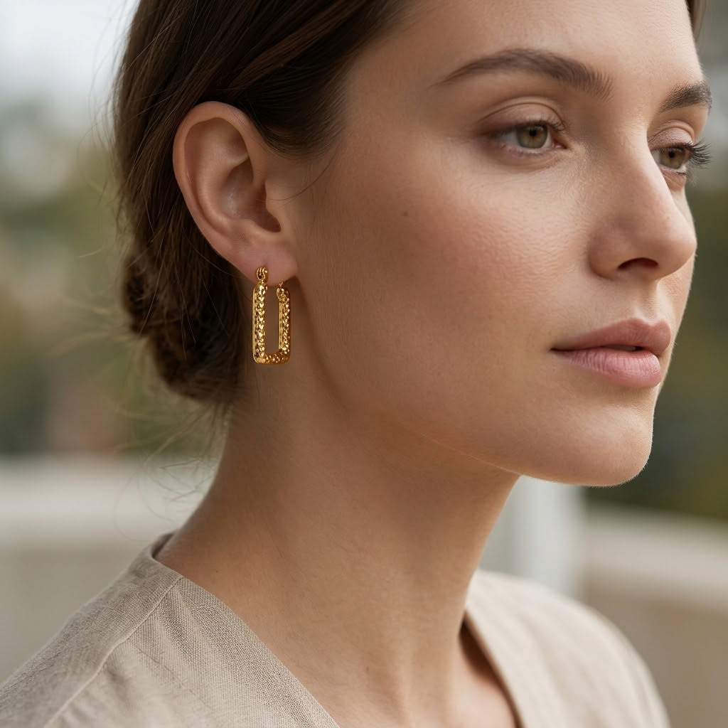 Gold Plated Hammered Rectangle Hoop Earrings (Close-up Detail) | The Colourful Aura