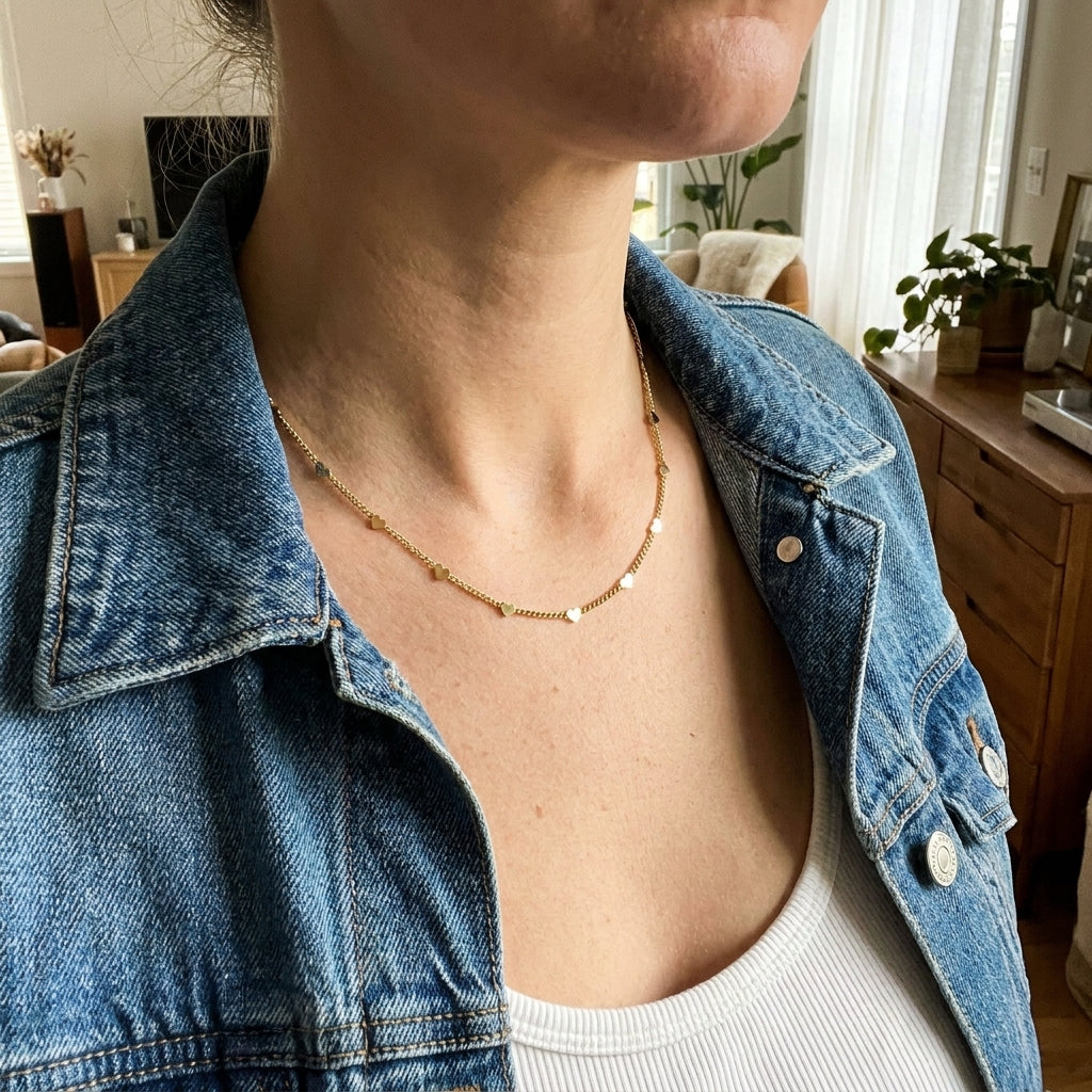 Gold Plated Heart Disc Chain Necklace (Close-up Detail) | The Colourful Aura