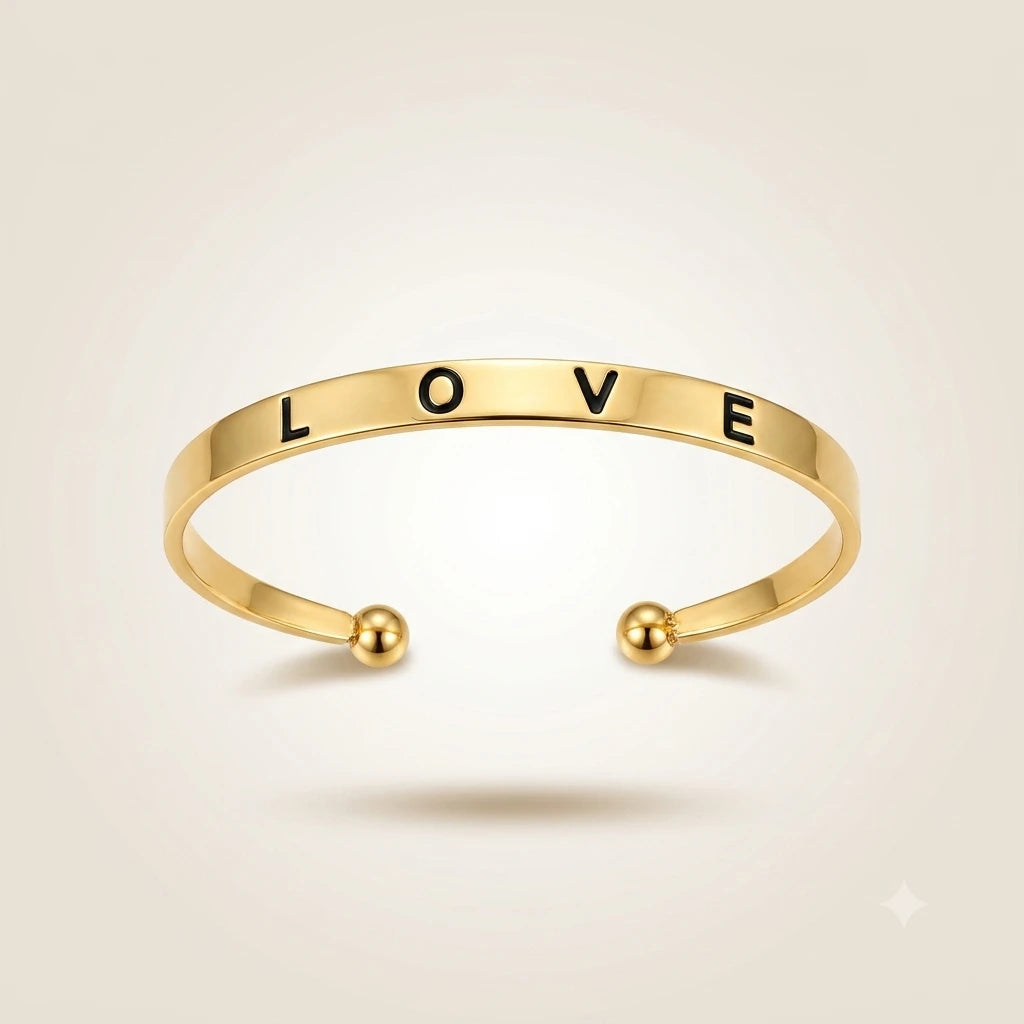 Gold Plated LOVE Engraved Open Cuff Bangle Bracelet — Boho Jewellery UK | The Colourful Aura