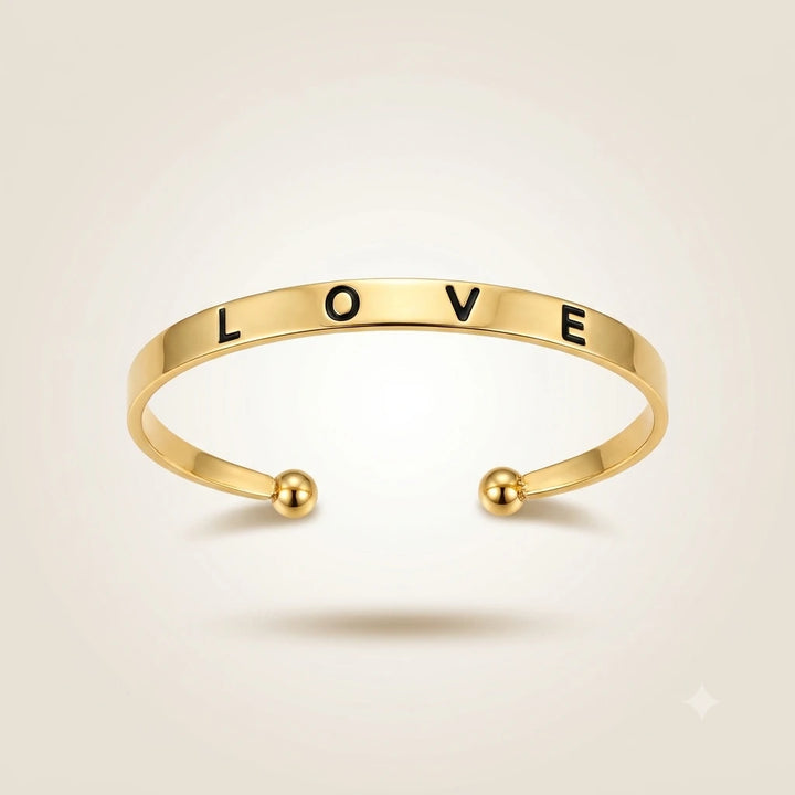 Gold Plated LOVE Engraved Open Cuff Bangle Bracelet — Boho Jewellery UK | The Colourful Aura