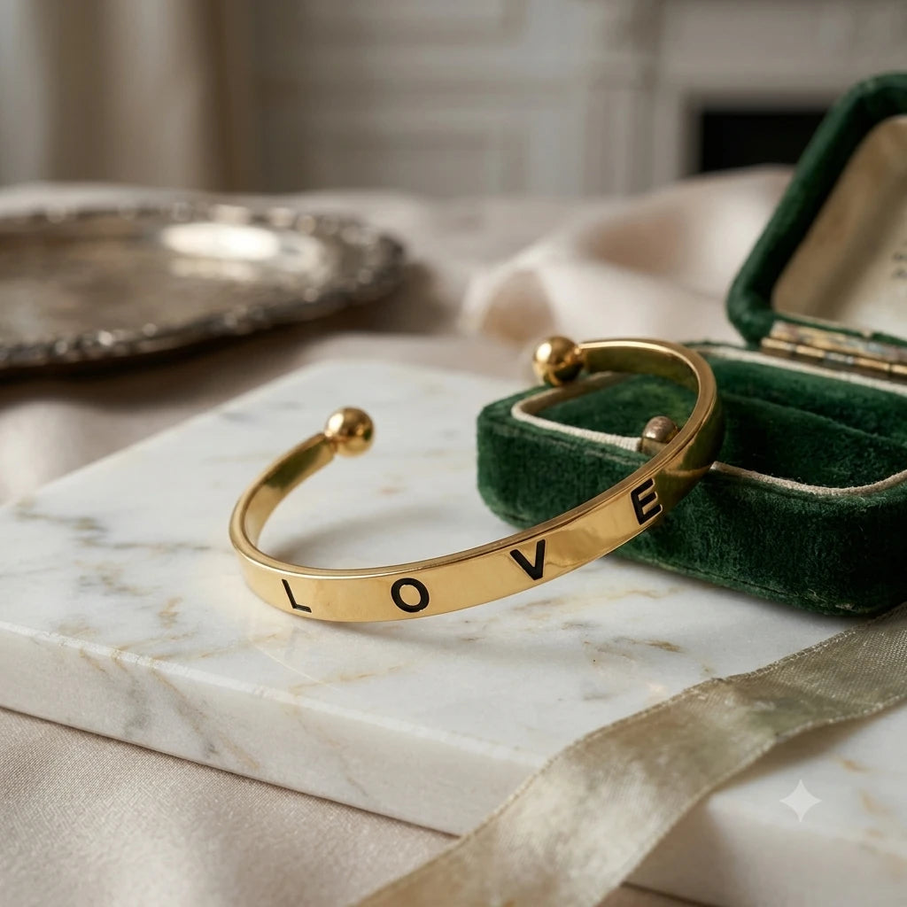 Gold Plated LOVE Engraved Open Cuff Bangle Bracelet (Close-up Detail) | The Colourful Aura