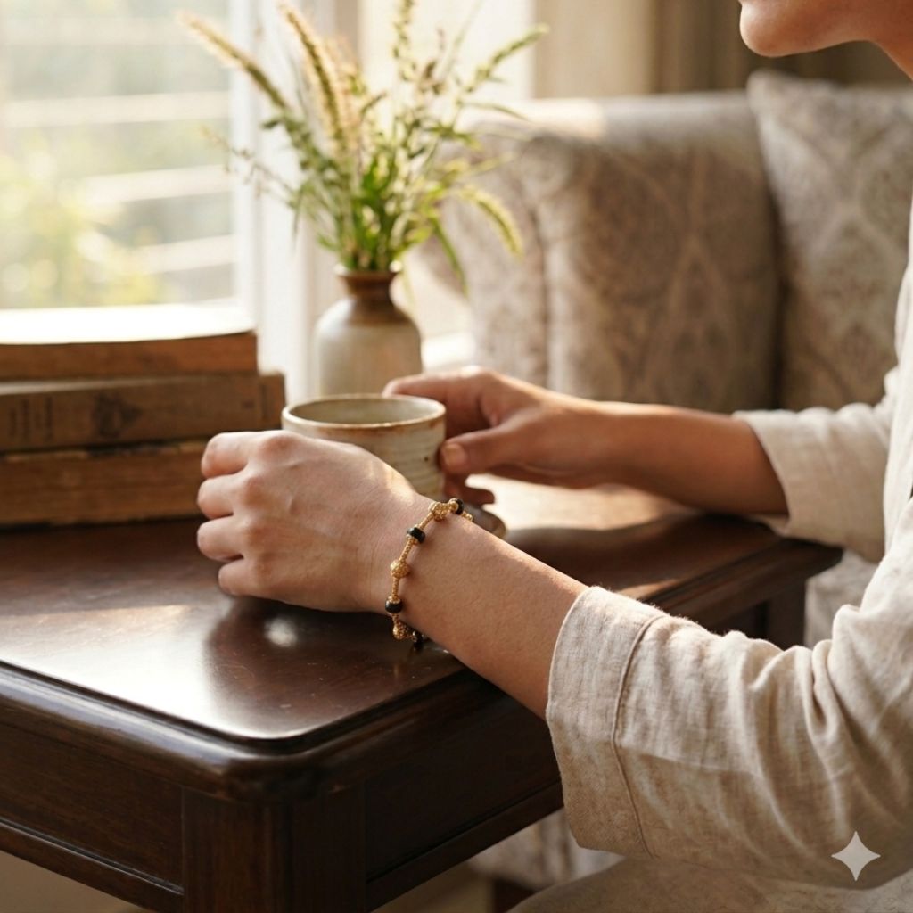 Model wearing gold plated mangalsutra black bead filigree bracelet holding cup lifestyle shot