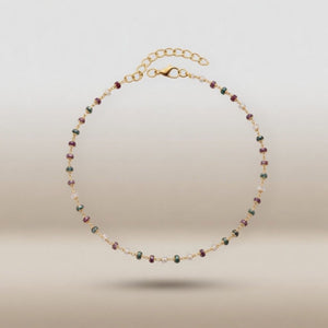 Gold plated multicolour ruby green crystal gemstone bead anklet flat lay product shot