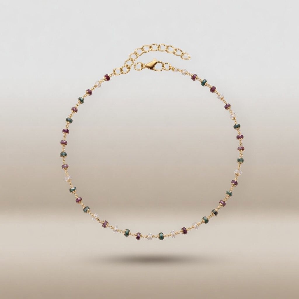 Gold plated multicolour ruby green crystal gemstone bead anklet flat lay product shot