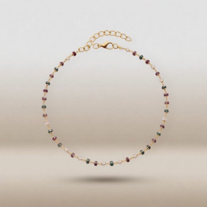 Gold plated multicolour ruby green crystal gemstone bead anklet flat lay product shot