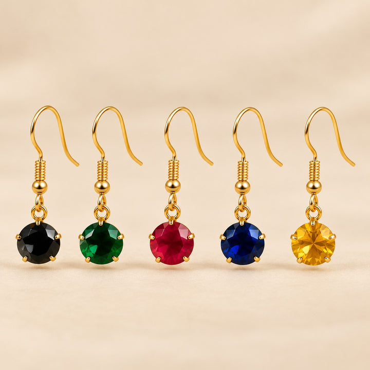 Gold Plated Round Coloured Stone Drop Earrings Black Green Red Blue Yellow — Boho Jewellery UK | The Colourful Aura