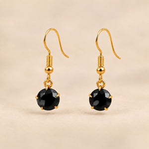 Black Gold Plated Round Coloured Stone Drop Earrings Black Green Red Blue Yellow (Close-up Detail) | The Colourful Aura