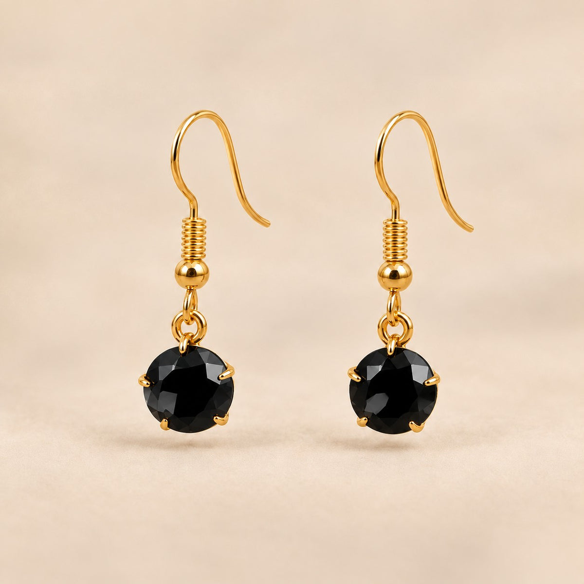 Black Gold Plated Round Coloured Stone Drop Earrings Black Green Red Blue Yellow (Close-up Detail) | The Colourful Aura