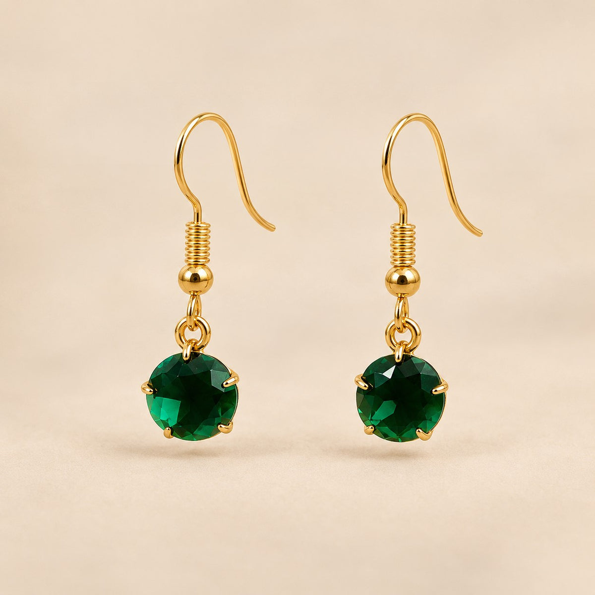 Green Gold Plated Round Coloured Stone Drop Earrings Black Green Red Blue Yellow (Close-up Detail) | The Colourful Aura