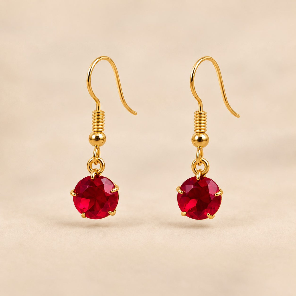 Red Gold Plated Round Coloured Stone Drop Earrings Black Green Red Blue Yellow (Close-up Detail) | The Colourful Aura