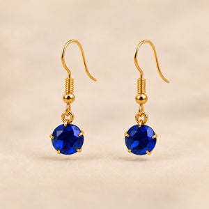 Blue Gold Plated Round Coloured Stone Drop Earrings Black Green Red Blue Yellow (Close-up Detail) | The Colourful Aura