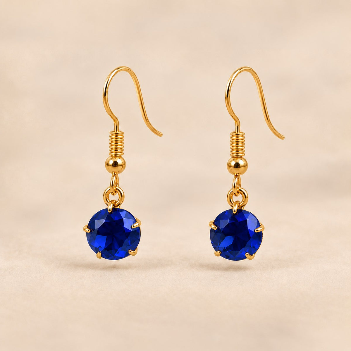 Blue Gold Plated Round Coloured Stone Drop Earrings Black Green Red Blue Yellow (Close-up Detail) | The Colourful Aura
