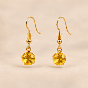 Yellow Gold Plated Round Coloured Stone Drop Earrings Black Green Red Blue Yellow (Close-up Detail) | The Colourful Aura