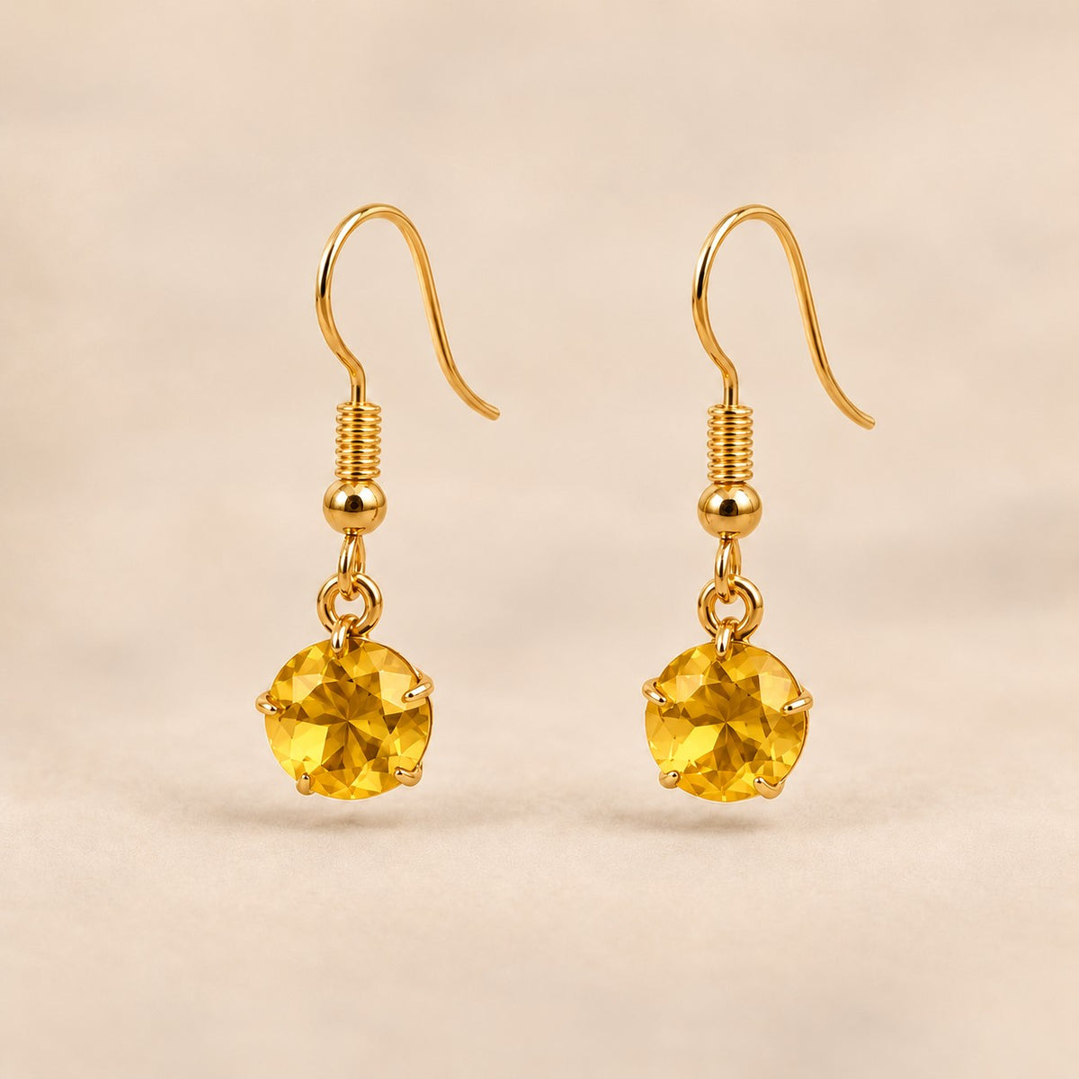 Yellow Gold Plated Round Coloured Stone Drop Earrings Black Green Red Blue Yellow (Close-up Detail) | The Colourful Aura