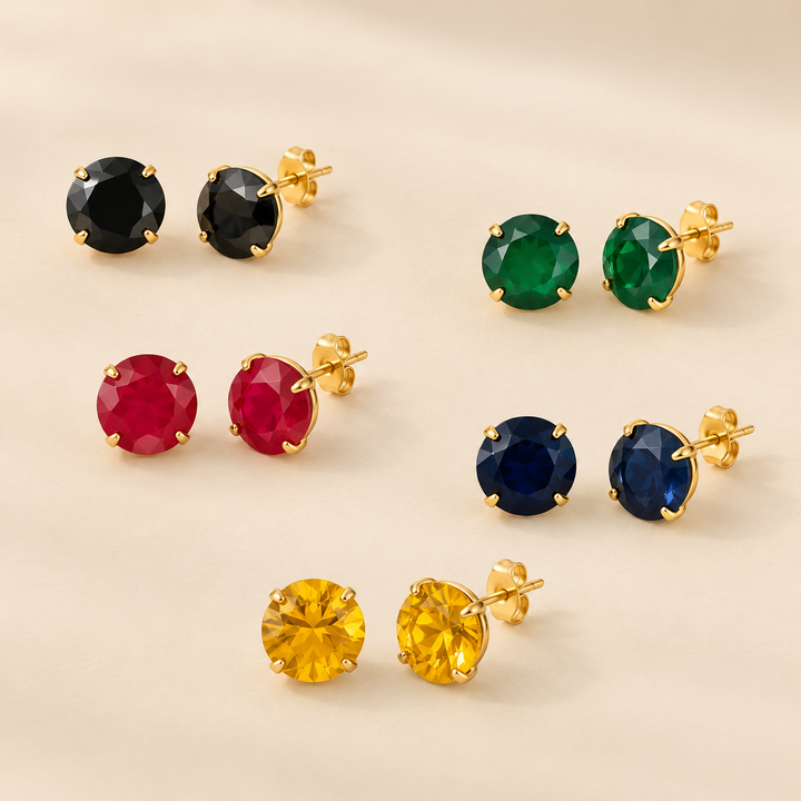 Gold Plated Round Coloured Stone Stud Earrings Blue Red Green Yellow Black — Boho Jewellery UK | The Colourful Aura