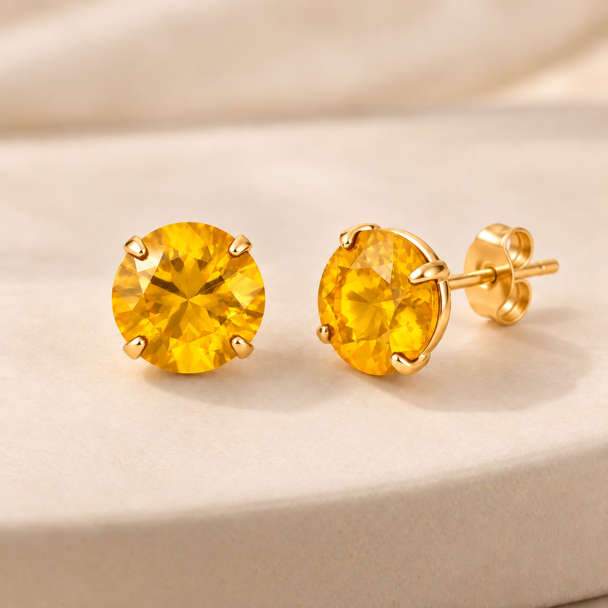 Yellow Gold Plated Round Coloured Stone Stud Earrings Blue Red Green Yellow Black (Close-up Detail) | The Colourful Aura