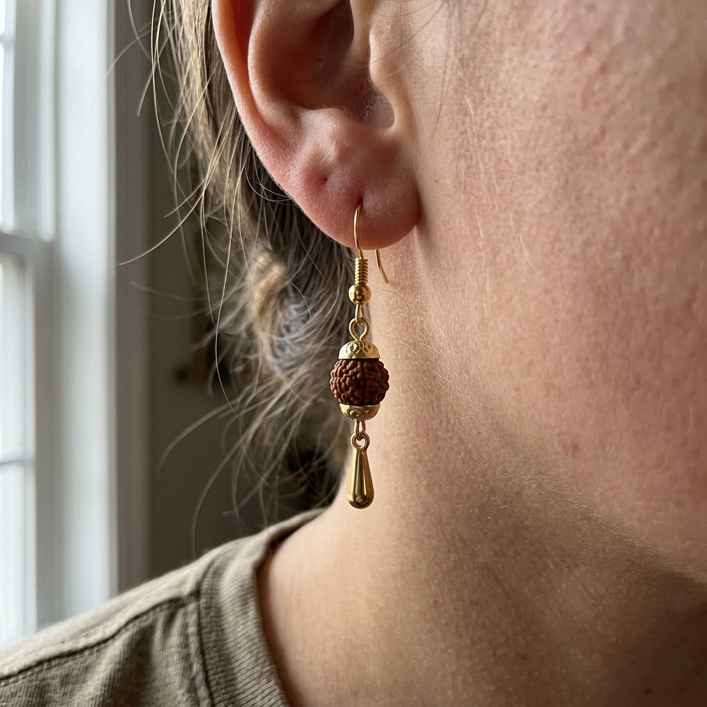 Gold Plated Rudraksha Dangle Hook Earrings (Close-up Detail) | The Colourful Aura