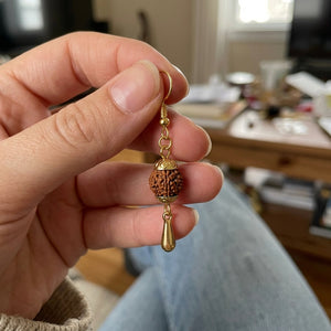 Gold Plated Rudraksha Dangle Hook Earrings (Close-up Detail) | The Colourful Aura