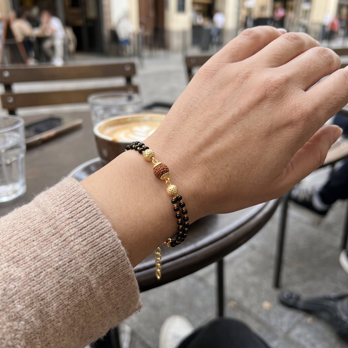 Gold Plated Rudraksha Mangalsutra Bracelet with Black Beads — Boho Jewellery UK | The Colourful Aura