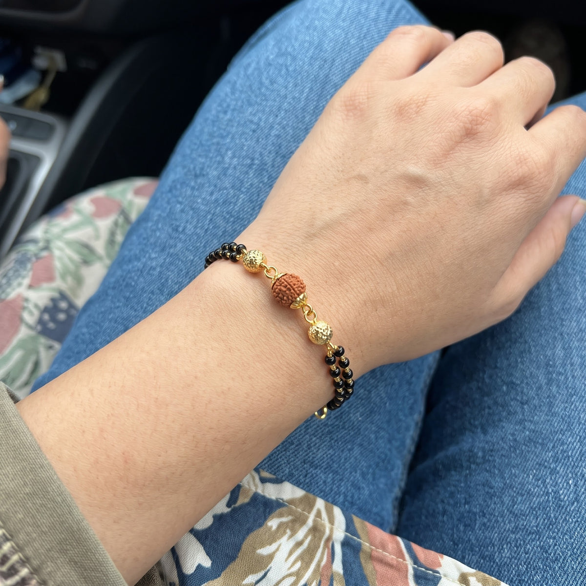 Gold Plated Rudraksha Mangalsutra Bracelet with Black Beads (Close-up Detail) | The Colourful Aura