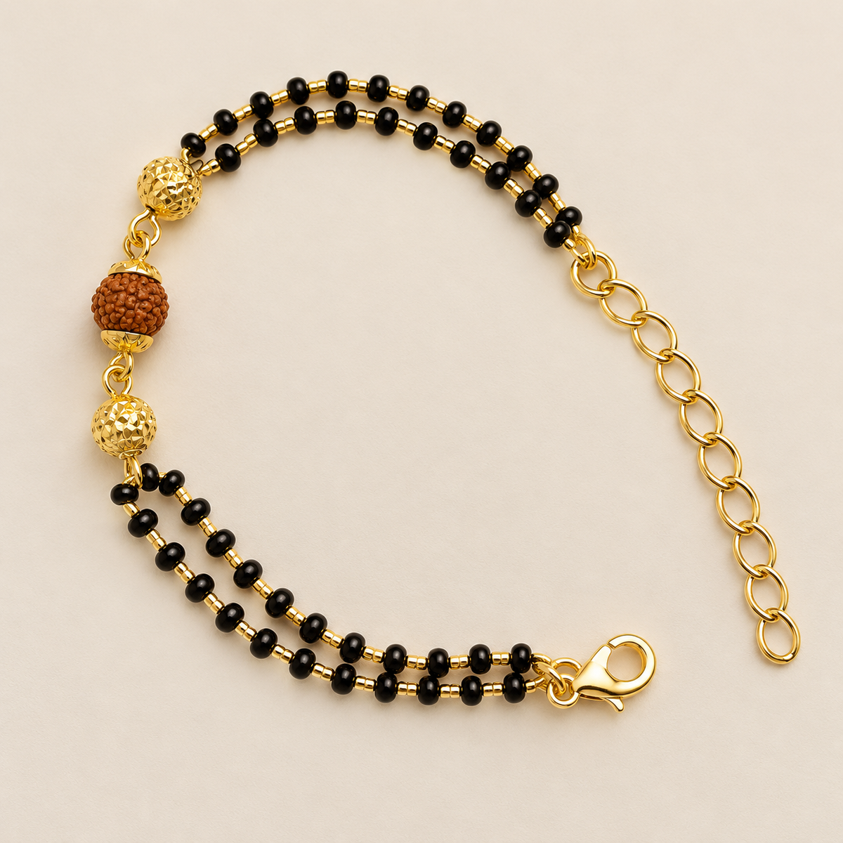 Gold Plated Rudraksha Mangalsutra Bracelet with Black Beads (Close-up Detail) | The Colourful Aura
