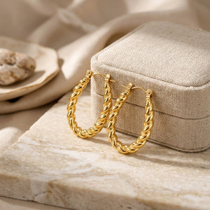 Gold Plated Twisted Rope Oval Hoop Earrings (Close-up Detail) | The Colourful Aura