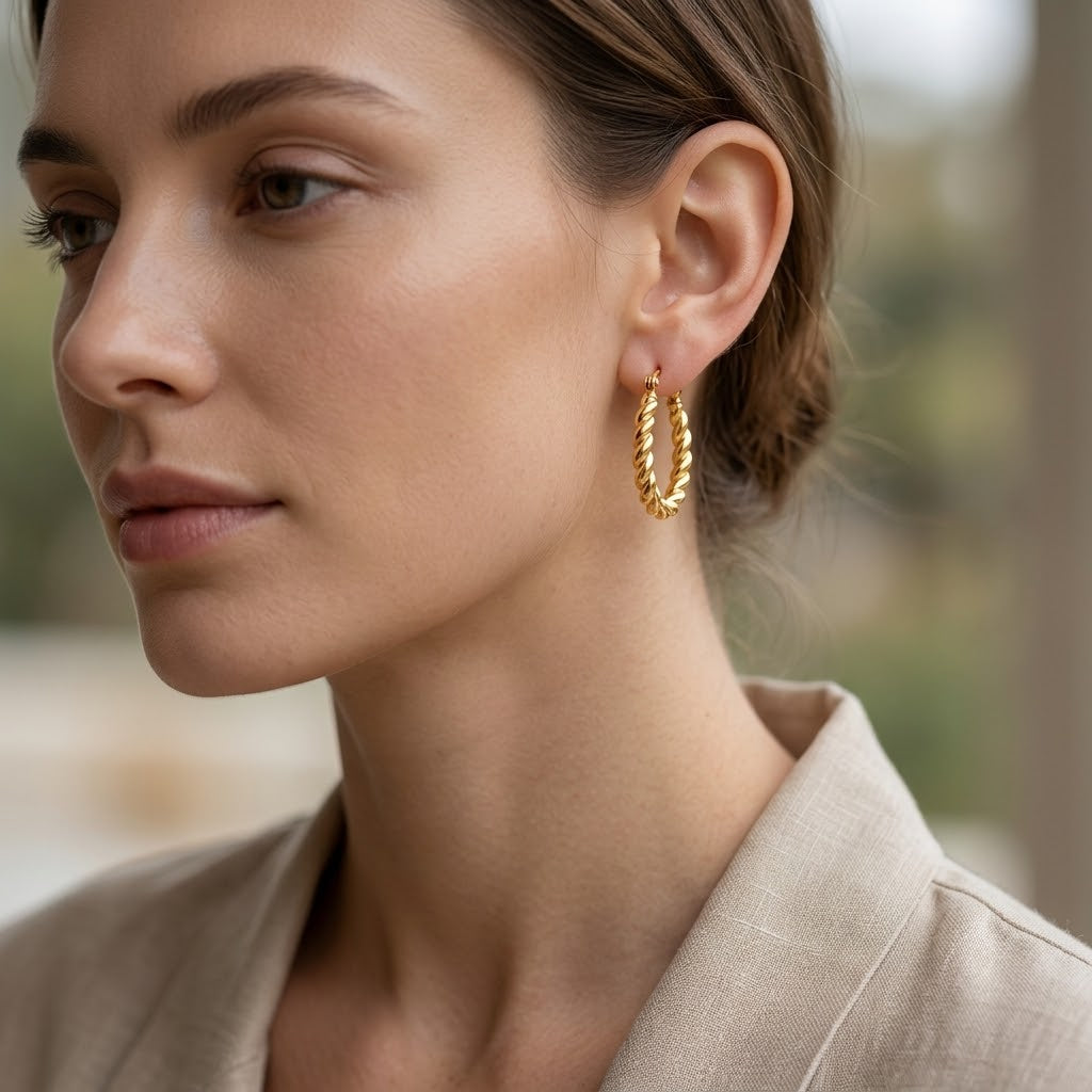 Gold Plated Twisted Rope Oval Hoop Earrings (Close-up Detail) | The Colourful Aura