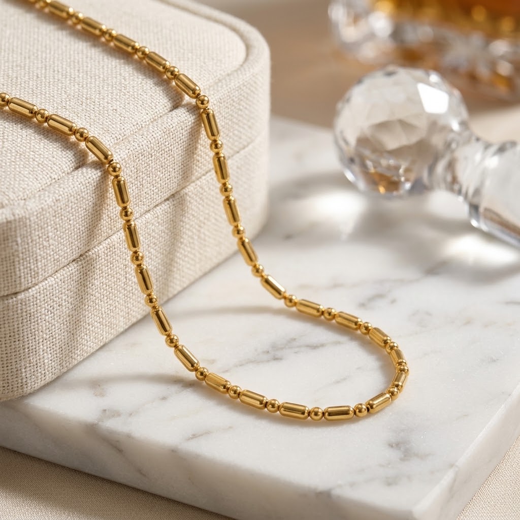 Gold Satellite Bead Chain Necklace 16 Inch (Close-up Detail) | The Colourful Aura