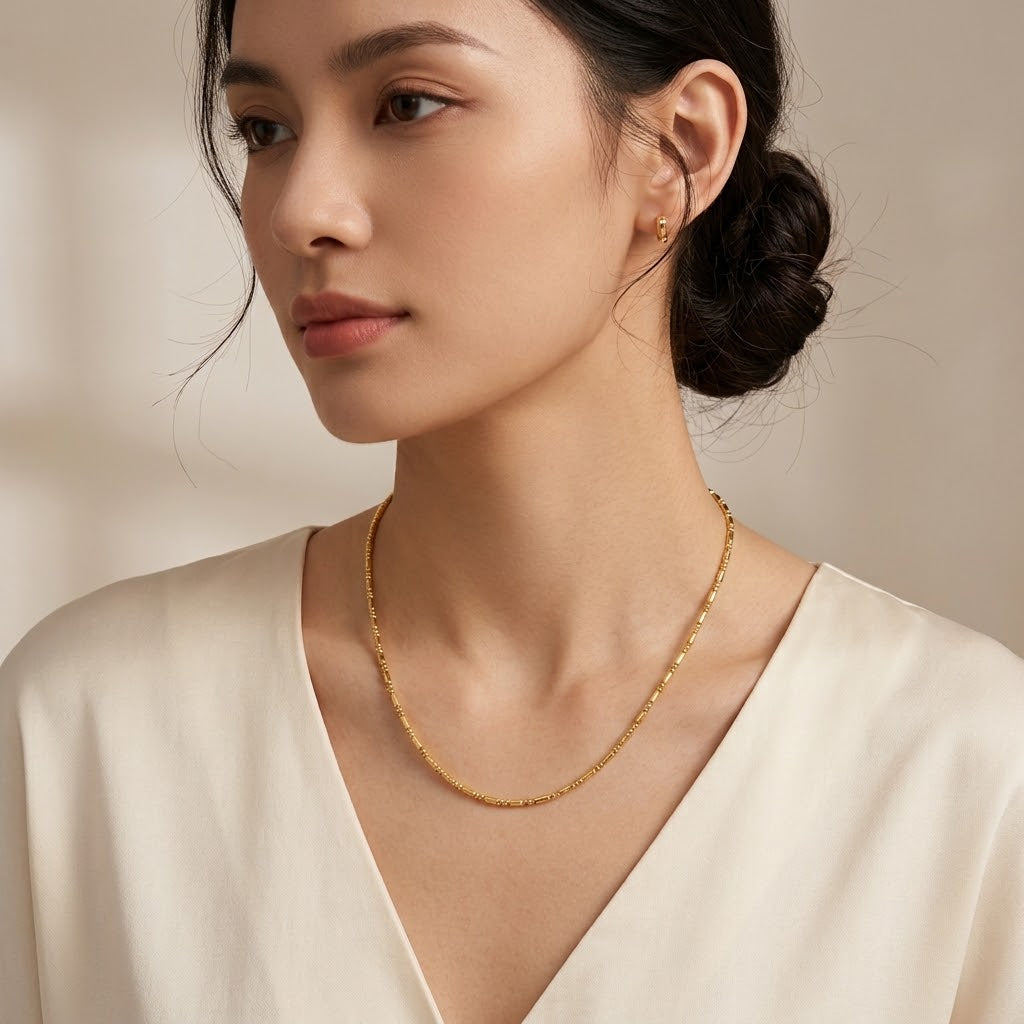 Gold Satellite Bead Chain Necklace 16 Inch (Close-up Detail) | The Colourful Aura