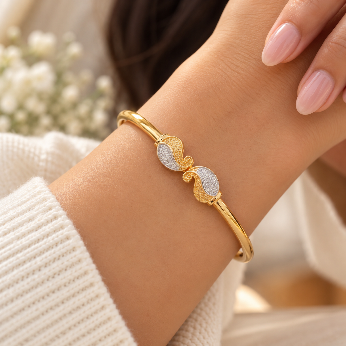 Gold Silver Two-Tone Pavé Paisley Bangle Bracelet — Boho Jewellery UK | The Colourful Aura