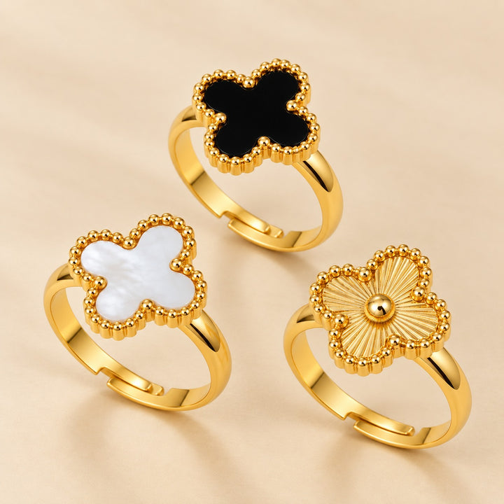Gold Tone Four Leaf Clover Adjustable Ring, Black, White or Gold — Boho Jewellery UK | The Colourful Aura
