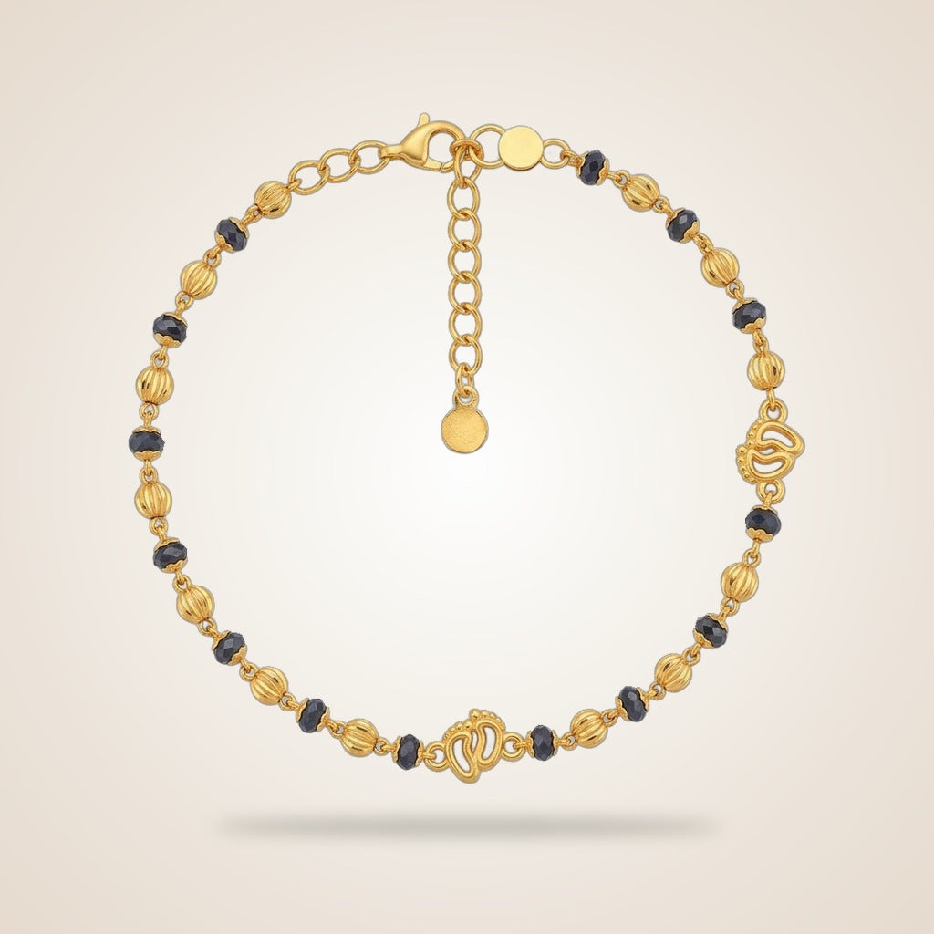 Black Beaded Foot Print Charm Kids Nazaria gold plated Bracelet — Boho Jewellery UK | The Colourful Aura