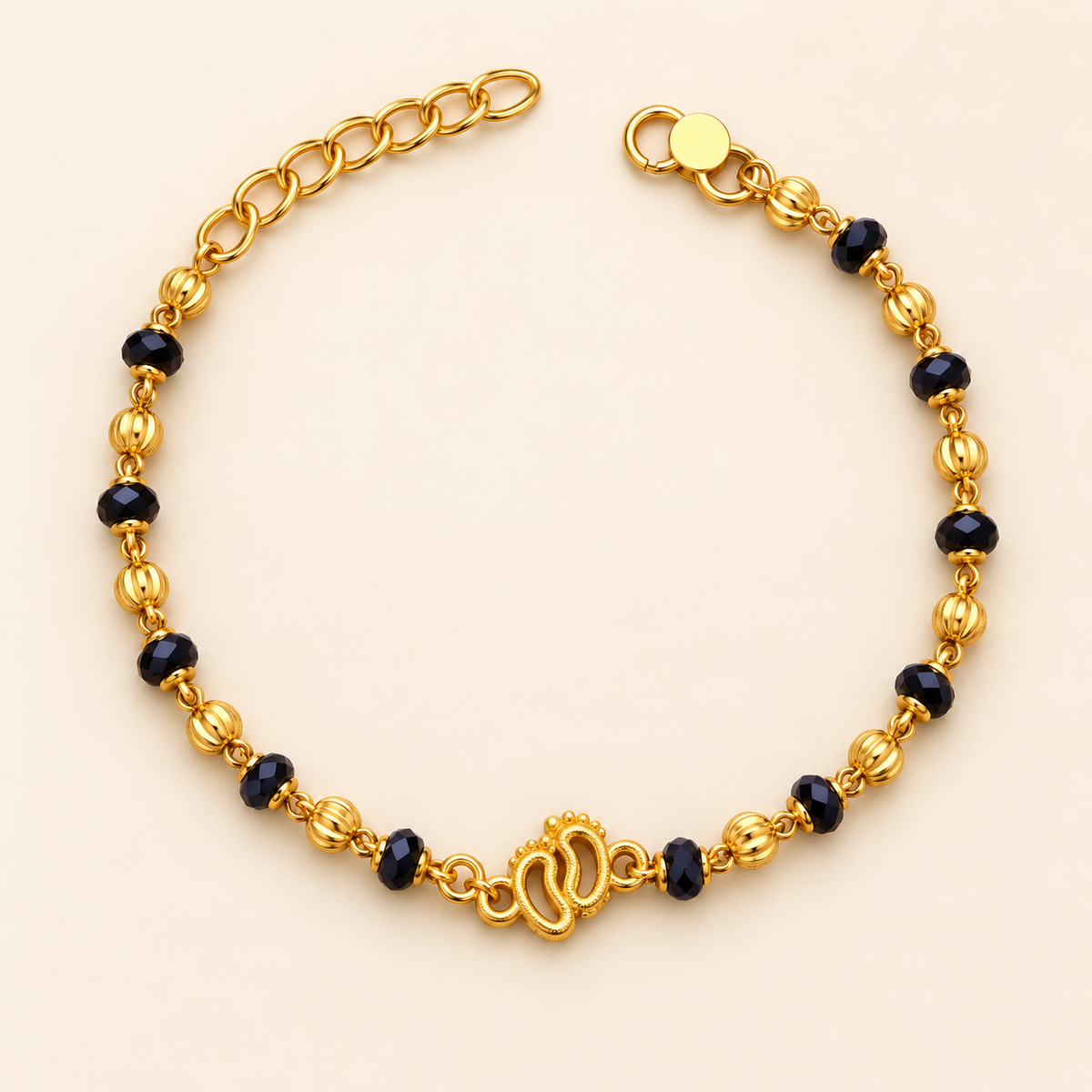 Black Beaded Foot Print Charm Kids Nazaria gold plated Bracelet — Boho Jewellery UK | The Colourful Aura