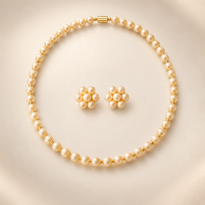 Golden Shell Pearl Flower Cluster Necklace and Earring Set — Boho Jewellery UK | The Colourful Aura